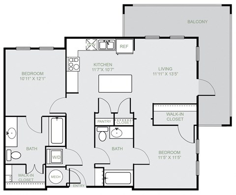Floor plan for 2 beds, 2 baths, 995 sqft
